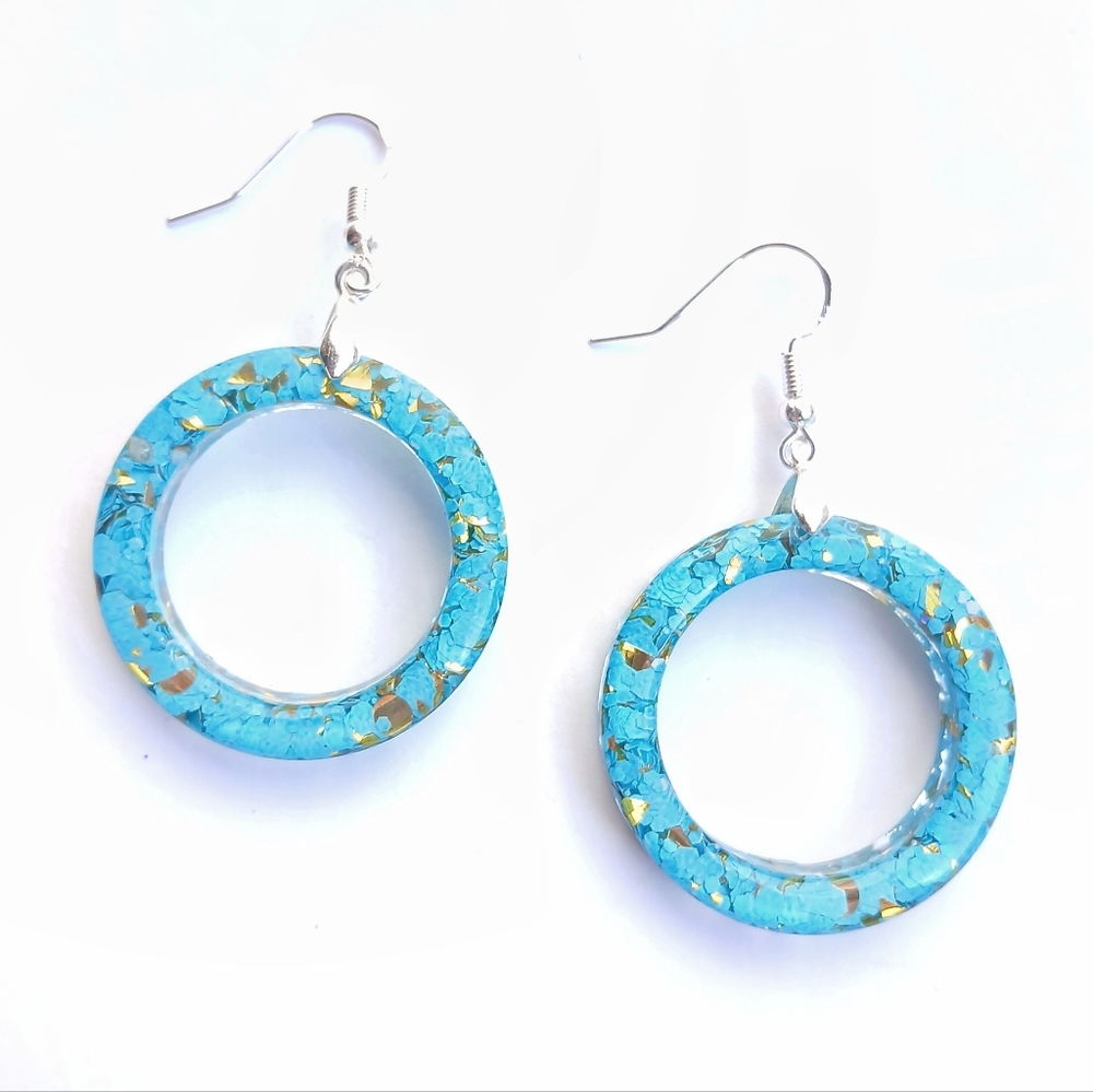Turquoise glitter hoops dangle earrings with sterling silver hooks new handmade